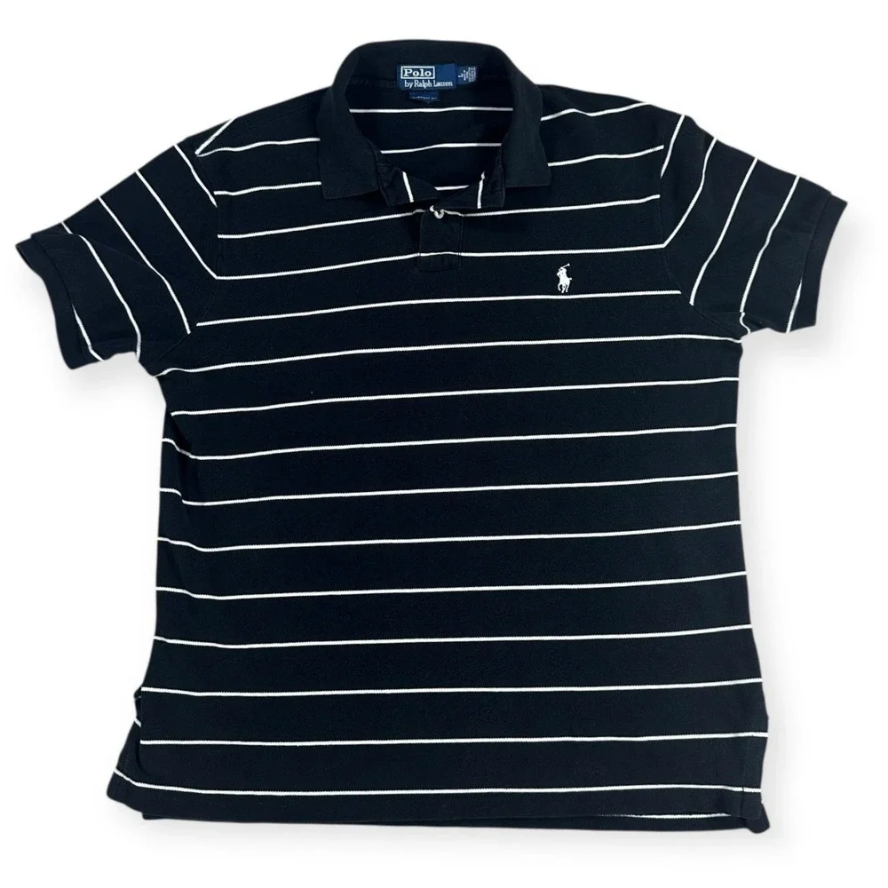 Polo‎ Ralph Lauren Mens Custom Fit Striped Polo Shirt Black White Large Cotton